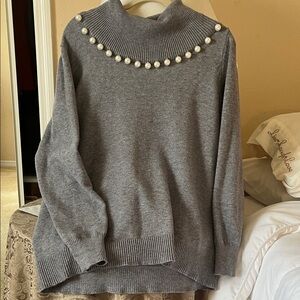 Elegant Gray Turtleneck Sweater with Pearl Accents